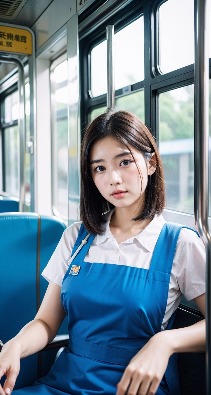 woman, pretty face, inside train,
blue_pinafore,
analog, photo, bokeh, 