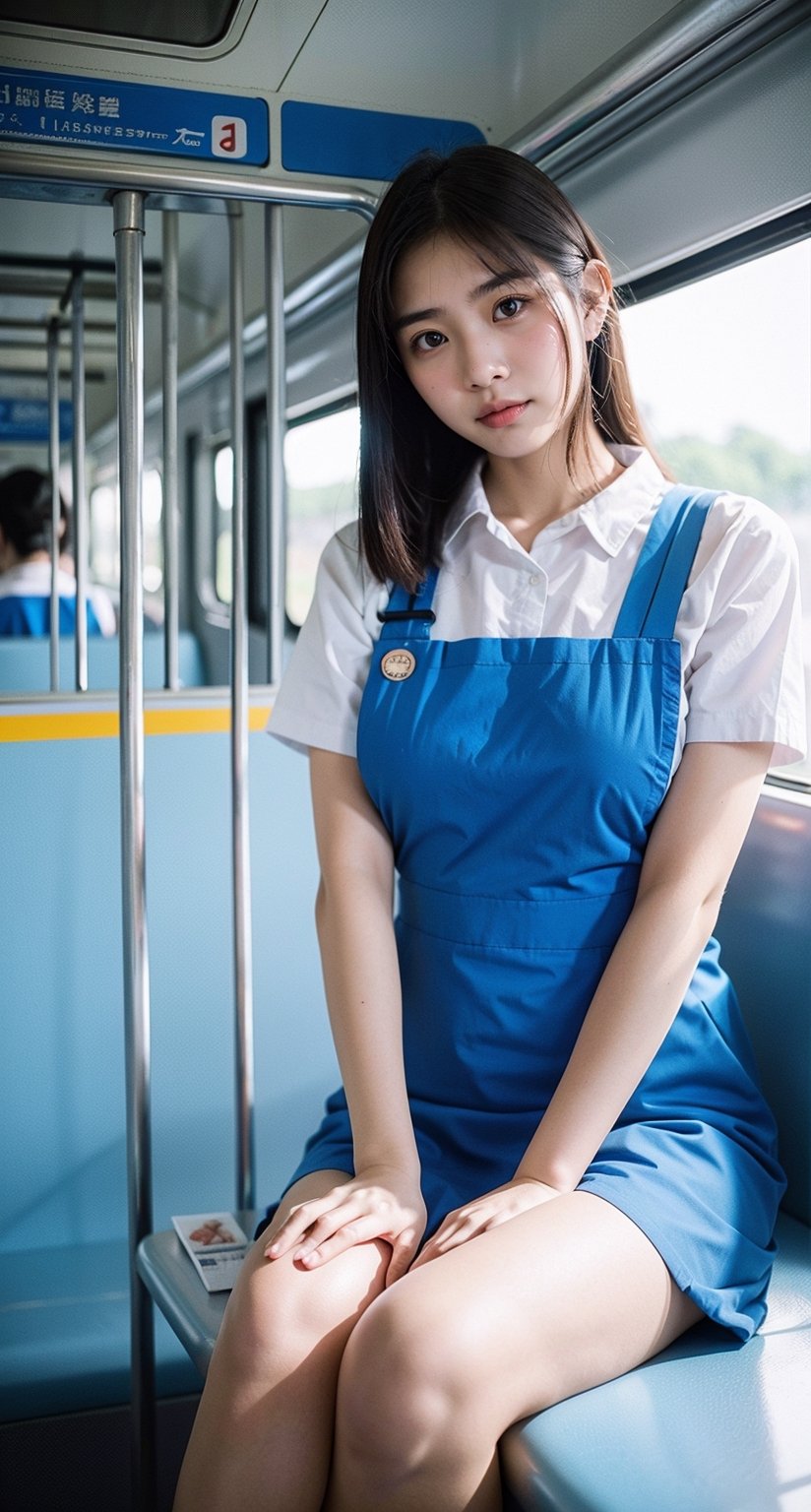 woman, pretty face, inside train,
blue_pinafore,
analog, photo, bokeh, 