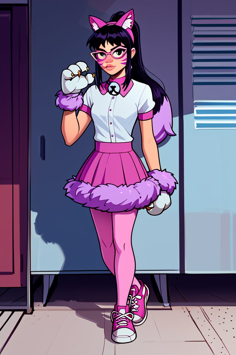 Score_9_up, Score_8_up, Score_7_up, Score_6_up, Score_5_up, Score_4_up, source_cartoon,
1girl,solo_female,NyancyB10PXL,black hair, long hair, facial mark, whisker markings, purple lips,sidelocks,gloves, pink pantyhose, animal ears, white dress, cat ears, ponytail, fake animal ears, white gloves, pink fur trim, glasses, paw gloves, pink sneakers, bell collar, pink skirt,collared,,,,,,,