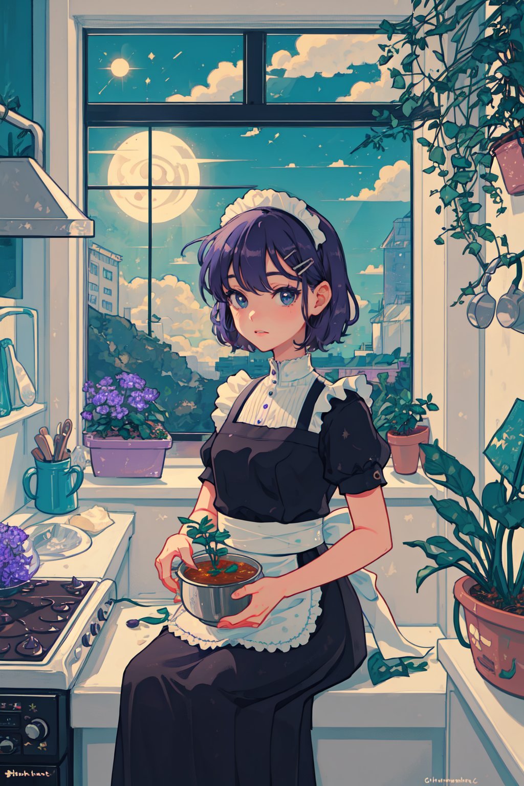  girl, short hair, dark purple hair, hair clip, black eyes, small eyes, kitchen, maid dress, pot, food, curry, flower plants, big window, city.