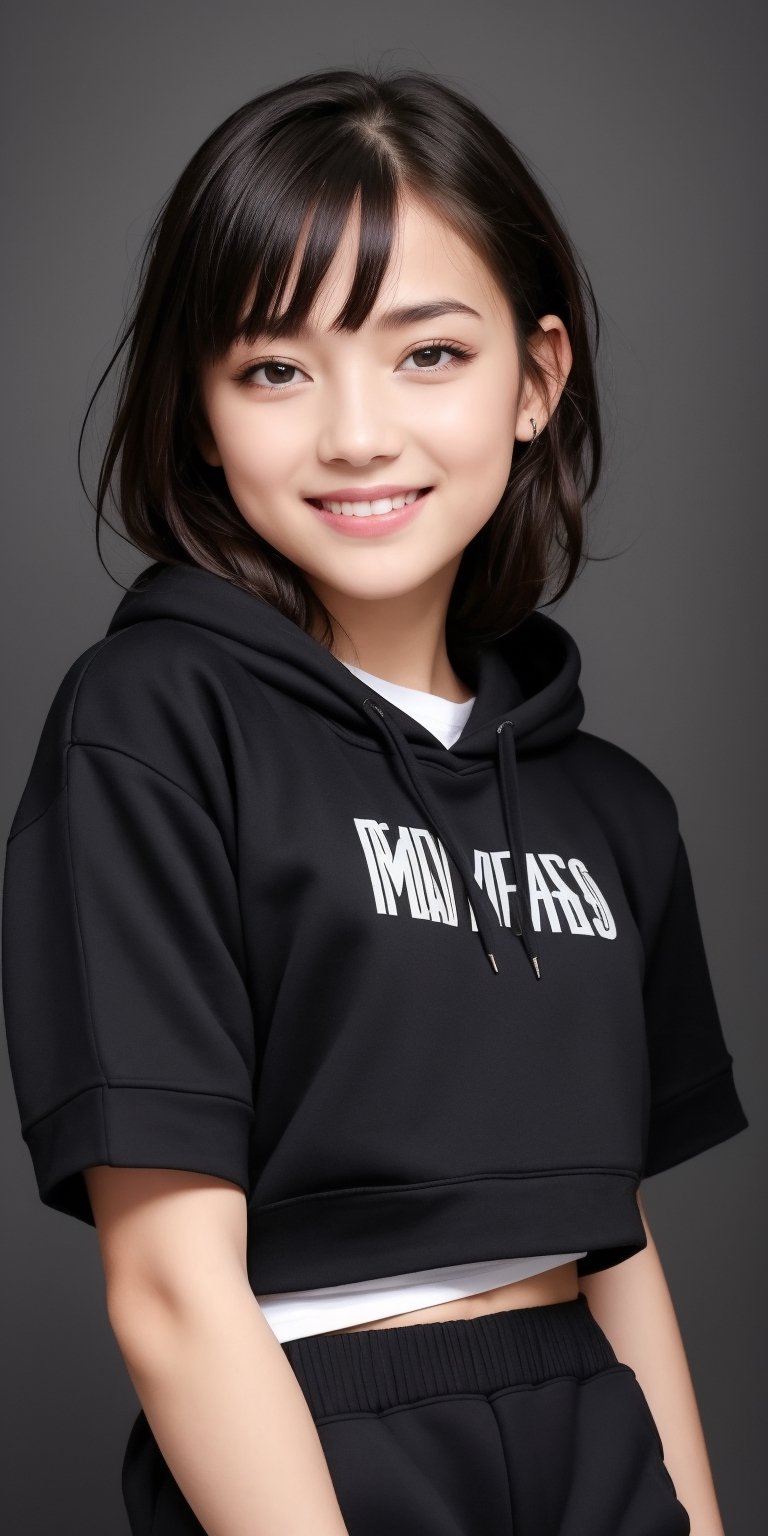 4k,best quality,masterpiece,10yo 1girl,(cropped sweatshirt),(demin pant), alluring smile, open hoodie,

(Beautiful and detailed eyes),
Detailed face, detailed eyes, double eyelids ,thin face, real hands, muscular fit body, semi visible abs, ((short hair with long locks:1.2)), black hair, black background,


real person, color splash style photo,
