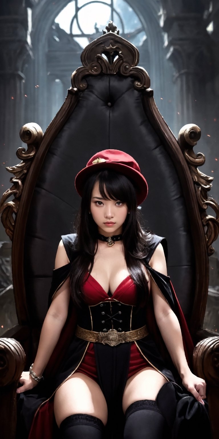 (masterpiece, best quality, highres:1.3), ultra resolution image, (1girl), (solo), kawaii, black hair, long hair, red eyes, captain hat, leader outfit, cape, glove, fierce, smug, confident, fantasy, throne, cross legged, guards, red carpet, phoenix flame, scenery, heroic conquest, majestic, ancient,r1ge, magical realm, mythical, endless sky, grave sword, cold hearted eyes, slim