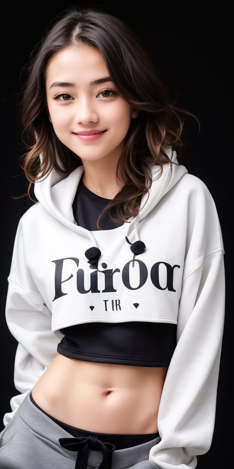 4k,best quality,masterpiece,15yo 1girl,(cropped sweatshirt),(demin pant), alluring smile, open hoodie,

(Beautiful and detailed eyes),
Detailed face, detailed eyes, double eyelids ,thin face, real hands, muscular fit body, semi visible abs, ((short hair with long locks:1.2)), black hair, black background,


real person, color splash style photo,
