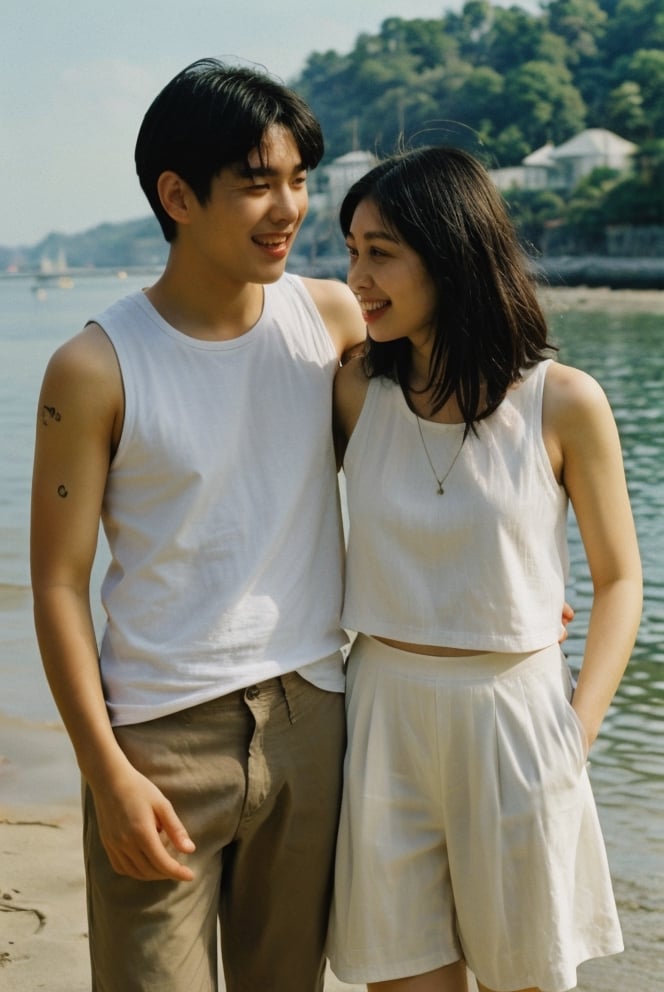 1 guy and 1 girl .stand parallel,

[Guy: [(shor), brown eyes, handsome, indonesian face, wearing a tanktop and short pants,black glasses ]]

[girl: [wearing a tanktop and short skirt,hat,asian face,smile]]
smile expression,detailed,beach background suns