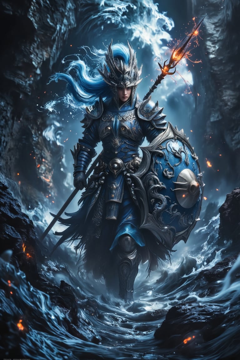 8K UHD digital painting, Gonggong, the paladin goddess, stands victorious amidst turbulent waters. Dark iron and scale armor glisten in a dimly lit, misty atmosphere. Her dragon-adorned helmet and breastplate, etched with tidal waves and serpents, reflect her dominion over oceans and rivers. A massive trident crackles with deep energy, while a shield emblazoned with roaring sea waves glows. Gonggong's dynamic pose captures her summoning a mighty tidal wave, with blue hair flowing like water behind her. The divine, water-soaked ground beneath her feet seems ready to unleash her full fury upon the battlefield.