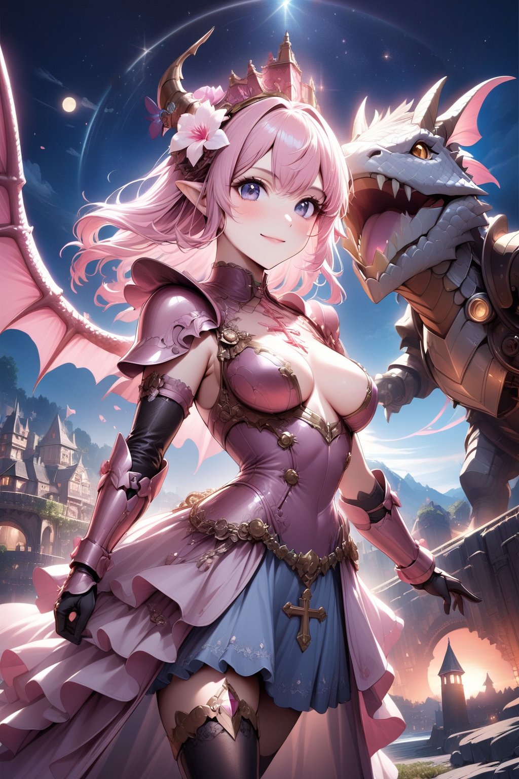 masterpiece, best quality, ultra detailed, absurdres, 1 girl wearing armor, pointy ears,kindly smile,upper body,fantasy world,stone buildings,pink dragon armor, outdoors, sky, cloud, tree, night, watermark, moon, star \(sky\), night sky, scenery, starry sky, planet, breasts, looking at viewer, blush, blue eyes, pink hair, pink long hair, hair ornament, gloves, dress, medium breasts, closed mouth, weapon, cowboy shot, outdoors, , hair flower, pink armor, pink shoulder armor, gauntlets, purple dress, pink pauldrons, pink pink breastplate, britney spears, 20 years, steampunk style, steampunk aesthetic, Girly Cute, medieval steampunk, castle steampunk, cinematic lighting effects, realism, super realistic, masterpiece,best quality,ultra-detailed, dynamic pose, Leather Choker, Girl in dragon scale armor, dragon wings, she is in love, cross of Jesus, cross of God