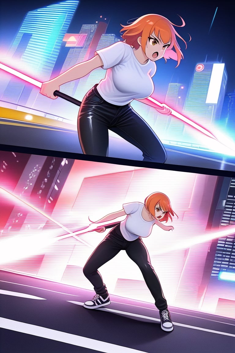 girl short orange hair bangs brown eyes white t-shirt short sleeves big tits and long pants black jeans simple black sneakers on the road fighting poses with an angry face fight with a pink futuristic staff on the road city at night fighting with the staff in her hand different poses transformation clothes change to futuristic pink latex suits