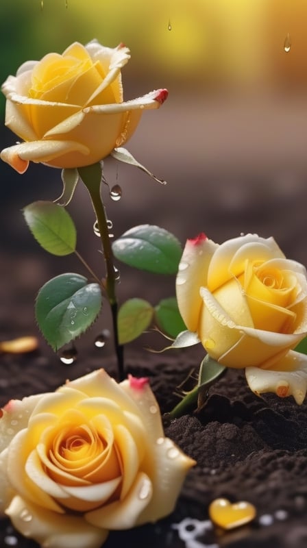 yellow blooming roses grows from the soil,vibrant and dripping with dew like a virgin beauty,(falling petals),(blur background),and the petals formed a lovely heart on the ground,
photorealistic

