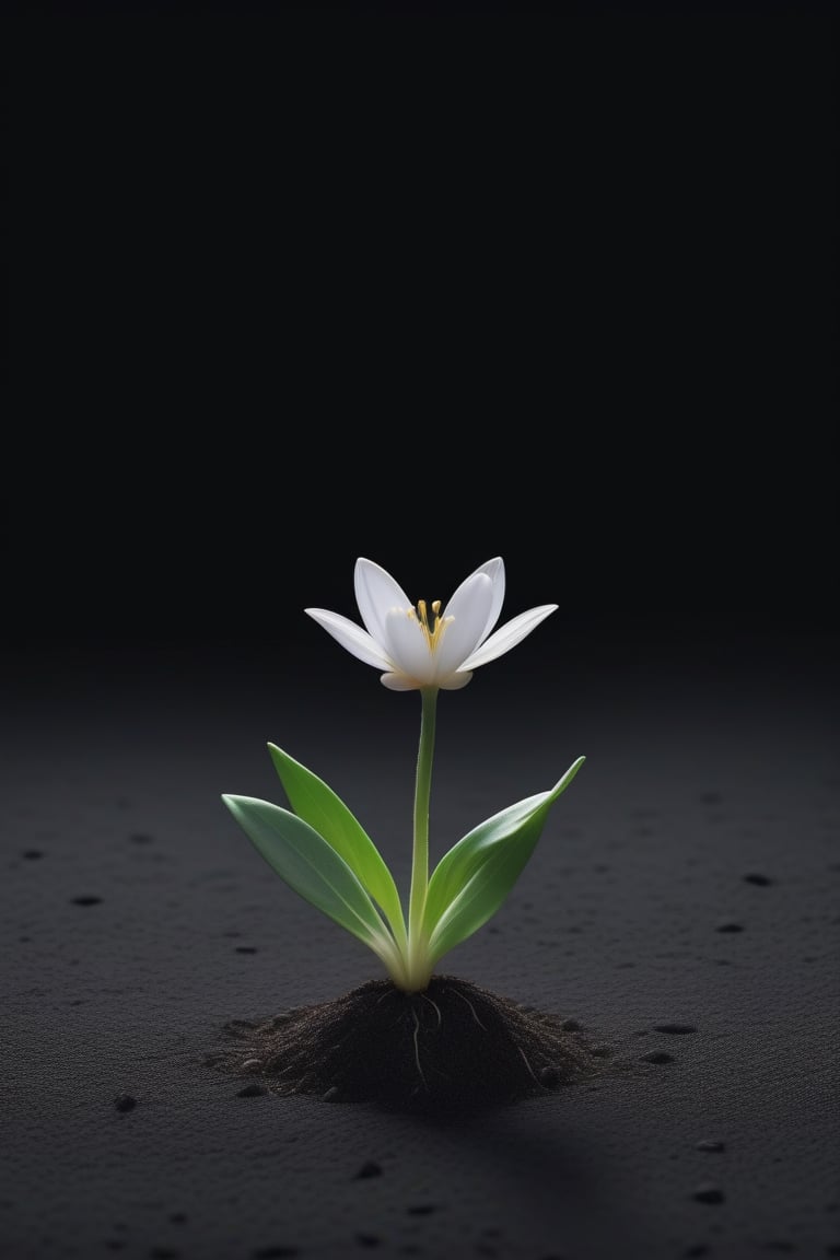 blank pure lightblack backround with one  sprouting seed on the ground at the bottom of the picture, 2 blooming flowers，with a thin root system,photorealistic，

minimalist hologram