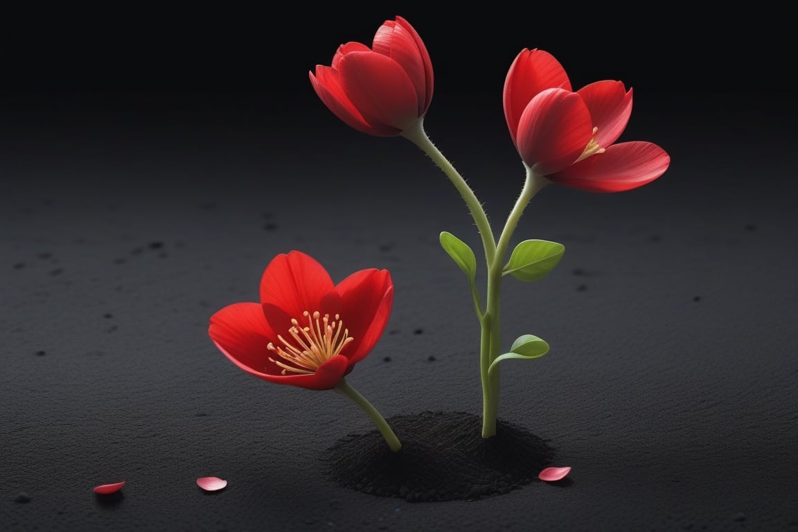 blank pure lightblack backround with one sprouting seed on the ground at the bottom of the picture,  2 red blooming flower...