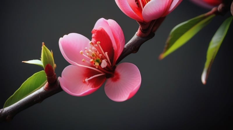 a peach tree branch with red flowers and buds, simple lightblack background, close up,sharp focus, colorful, high contrast, detailed flower petals, fresh green leaves, soft natural lighting, delicate and intricate branches, vibrant and saturated colors, high resolution,realistic,masterfully captured,macro detail beautiful 

