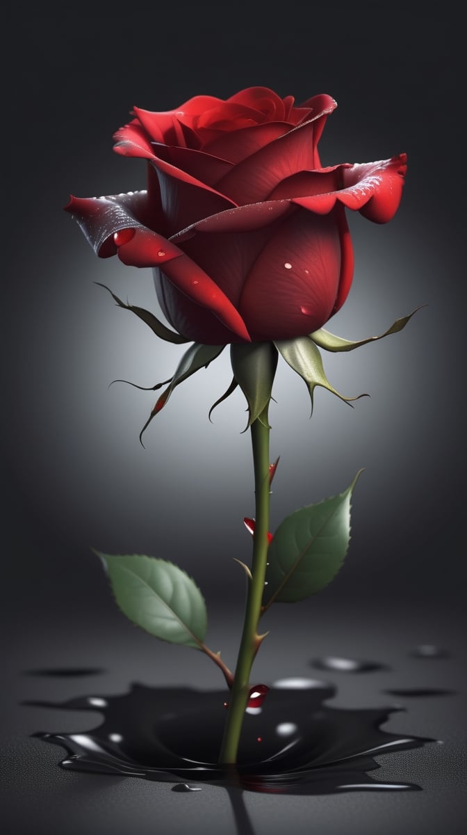 blank pure lightblack backround with one  red blooming rose,beautiful and lustful,the petals are falling on the ground,with a thin root system,
photorealistic，

