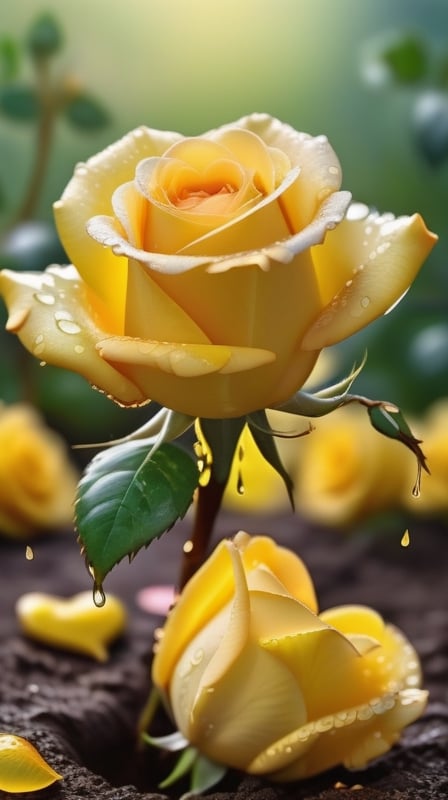 yellow blooming roses grows from the soil,vibrant and dripping with dew like a virgin beauty,(falling petals),(blur background),and the petals formed a lovely heart on the ground,
photorealistic

