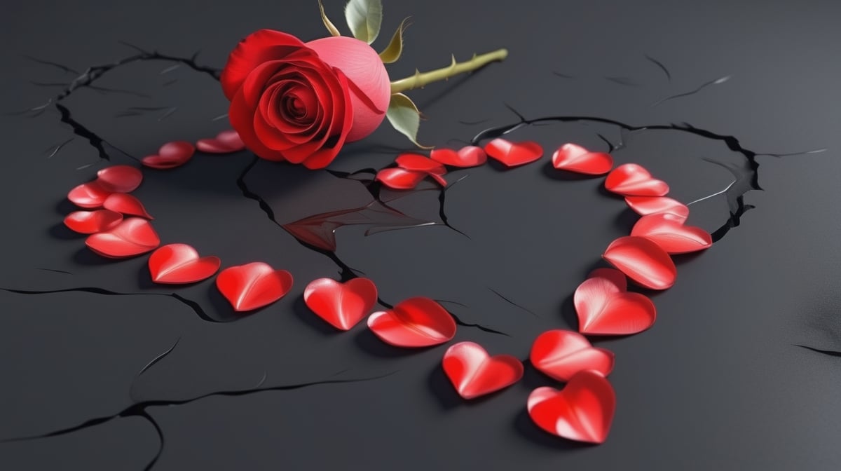 blank pure lightblack backround with one  red blooming rose,the petals are falling, and there are many petals makd up a love heart on the ground,with a thin root system,
photorealistic，

