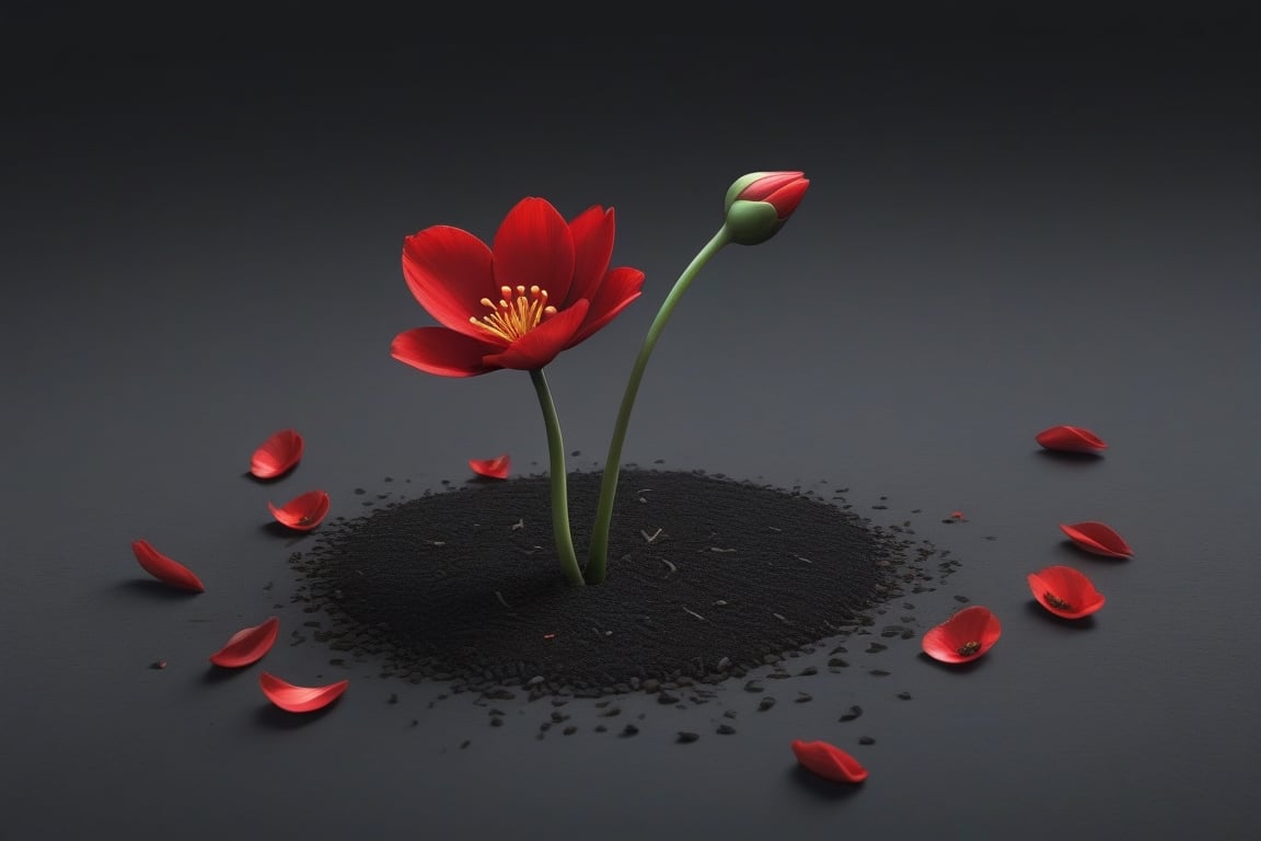 blank pure lightblack backround with one sprouting seed on the ground at the bottom of the picture,  2 red blooming flower...