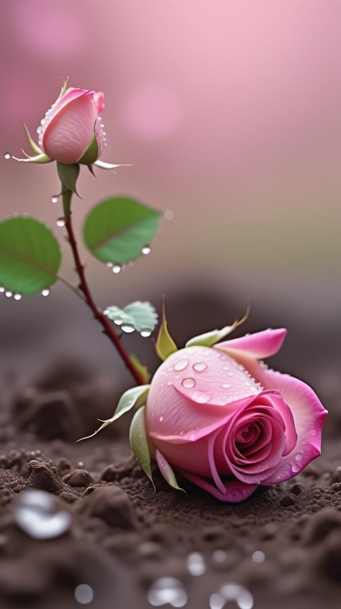  blurred background, a pink rose with 2 leaves sprouting from the soil and covered in dew, vibrant and flawless, (falling petals:1.2),and the petals falling to the ground and formed a heart shape,close-up shot.
photorealistic

