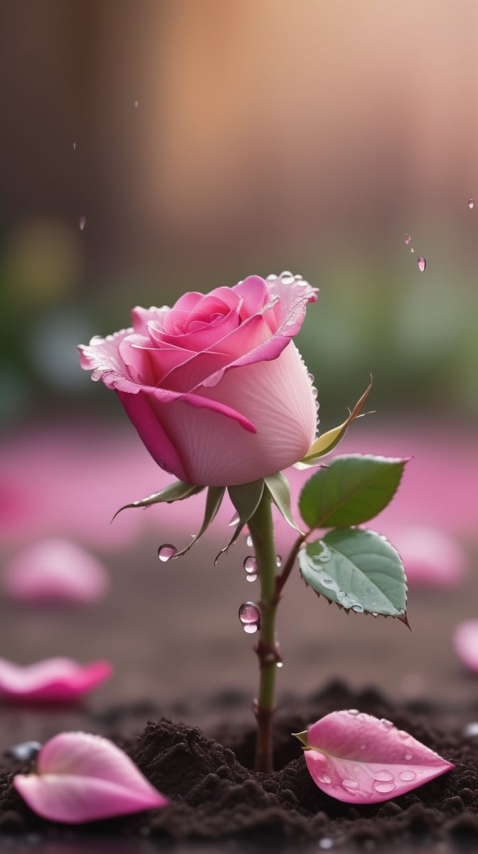  blurred background, a pink rose with 2 leaves sprouting from the soil and covered in dew, vibrant and flawless, (falling petals:1.2),and the petals falling to the ground and formed a heart shape,close-up shot.
photorealistic

