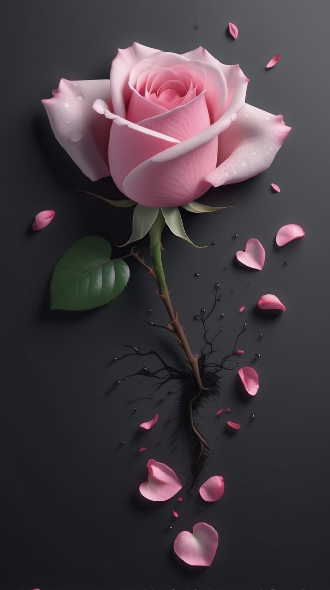 blank pure lightblack backround with one pink blooming rose,(the petals are falling),bluring background, and there are many petals makd up a love heart on the ground,with a thin root system,
photorealistic

