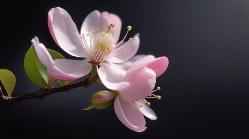 tender crabapple flower and buds,
,delicate and voluptuous covered by drew in morning  soft brigh light,(falling petals),(blur pure simple lightblack background), a lovely heart made by petals on the ground,

realistic,photo_(medium),photorealistic

