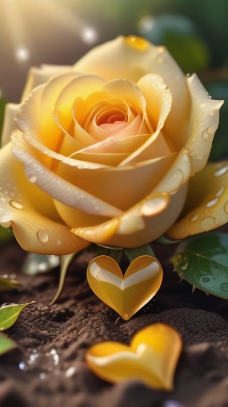 yellow blooming roses grows from the soil,delicate and voluptuous covered by dew in brigh light,(falling petals),(blur background),and the petals formed a lovely heart on the ground,
photorealistic

