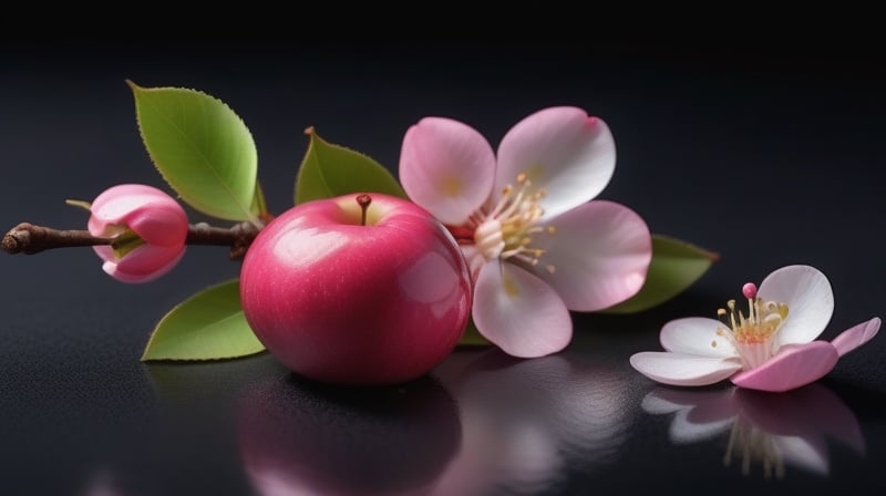 tender crabapple flower and buds,
,delicate and voluptuous covered by drew in morning  soft brigh light,(falling petals),(blur pure simple lightblack background), a lovely heart made by petals on the ground,

realistic,photo_(medium),photorealistic

