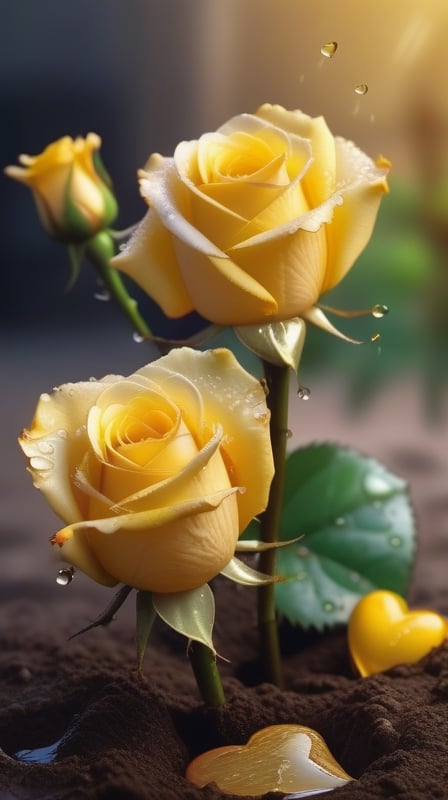 yellow blooming roses grows from the soil,vibrant and dripping with dew like a virgin beauty,(falling petals),(blur background),and the petals formed a lovely heart on the ground,
photorealistic

