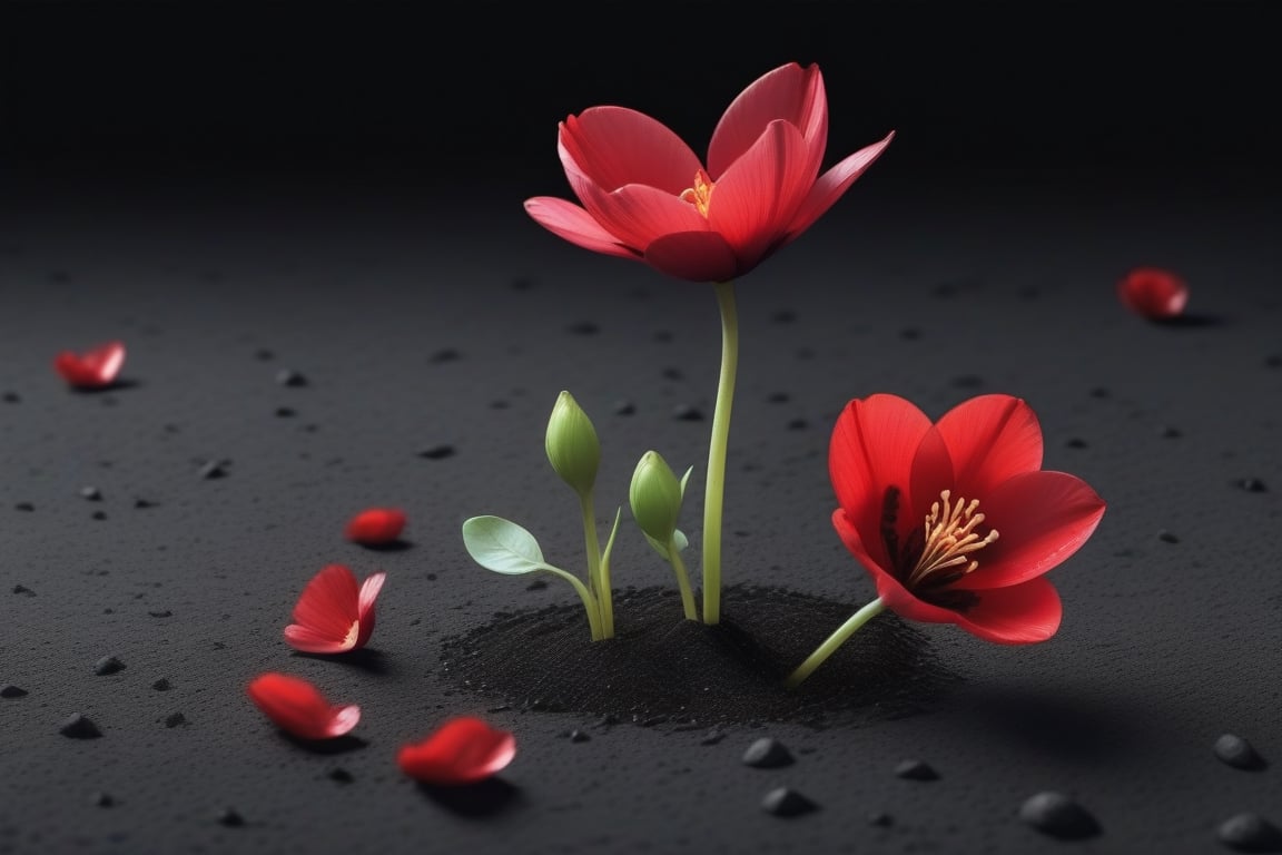 blank pure lightblack backround with one sprouting seed on the ground at the bottom of the picture,  2 red blooming flower...