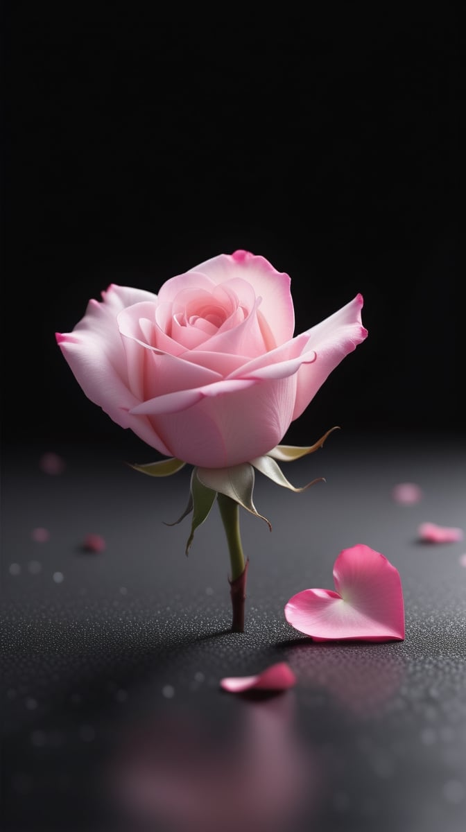 blank pure lightblack backround with one pink blooming rose,(falling petals),blur background, and there are many petals makd up a love heart on the ground,with a thin root system,
photorealistic

