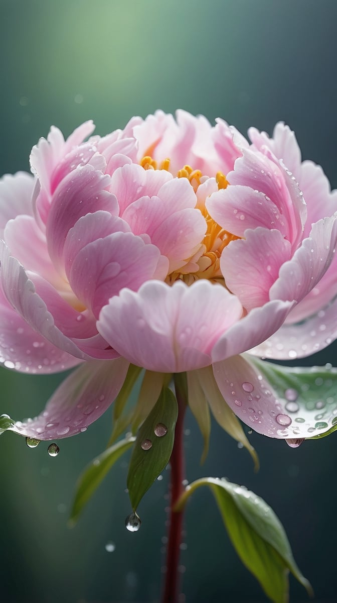 (best quality,8K,highres,masterpiece), ultra-detailed, hyper-realistic image of a dew-covered peony flower at an microscopic level, Capture the intricate details of the flower’s cellular structure, the delicate interplay of light and shadow on its vibrant petals, and the glistening droplets of morning dew clinging to the fine hairs,The background should be a soft, out-of-focus green that suggests the natural environment without detracting from the flower’s stunning details, Emphasize the contrast between the flower’s soft textures and the sharp clarity of the water droplets.