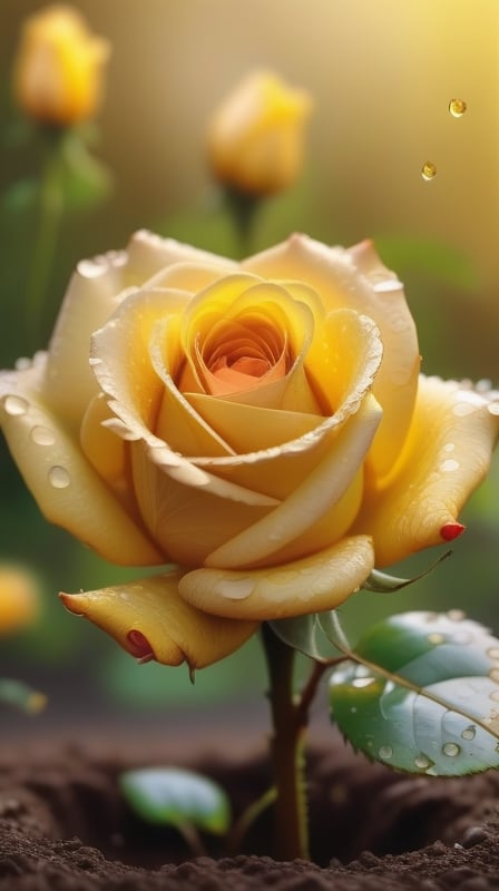 yellow blooming roses grows from the soil,vibrant and dripping with dew in brigh light,(falling petals),(blur background),and the petals formed a lovely heart on the ground,
photorealistic

