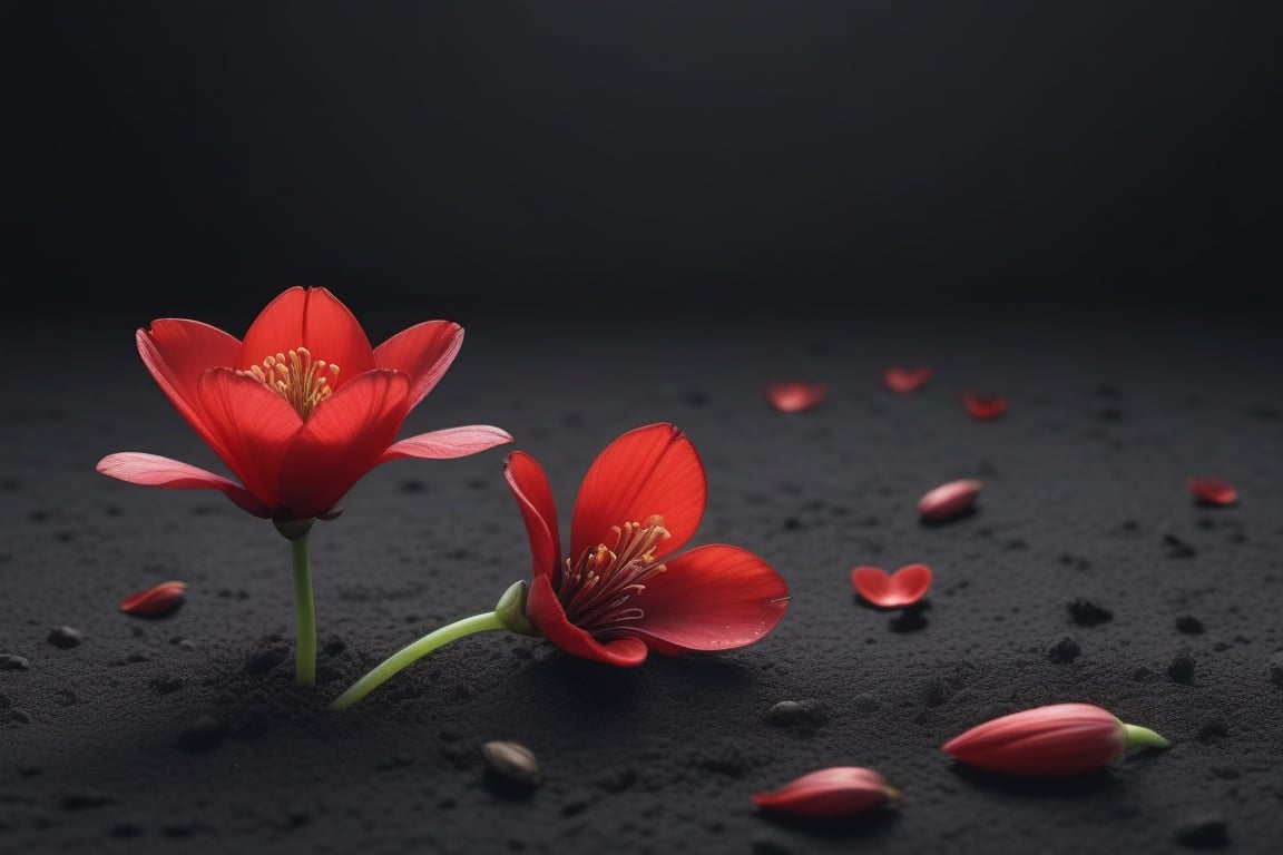blank pure lightblack backround with one sprouting seed on the ground at the bottom of the picture,  2 red blooming flower...
