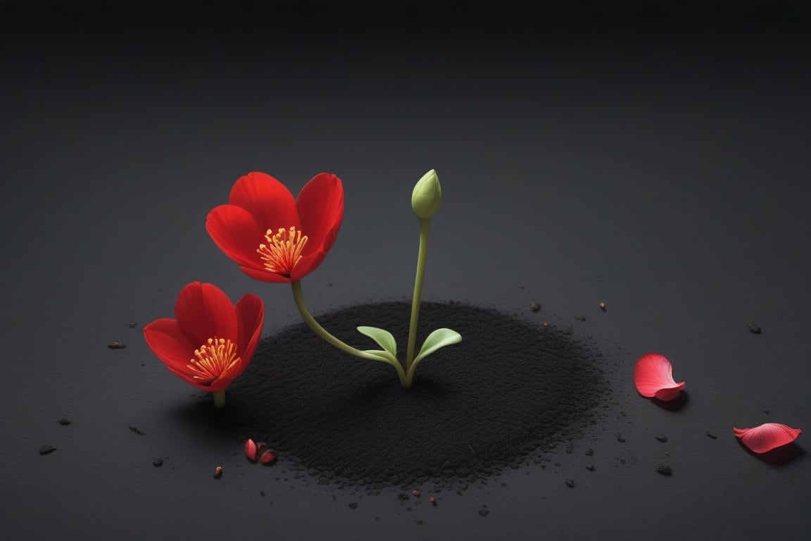blank pure lightblack backround with one sprouting seed on the ground at the bottom of the picture,  2 red blooming flower...