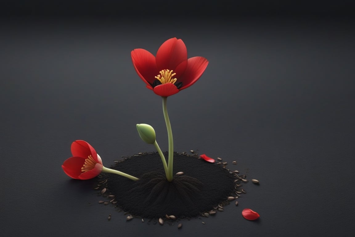 blank pure lightblack backround with one sprouting seed on the ground at the bottom of the picture,  2 red blooming flower...