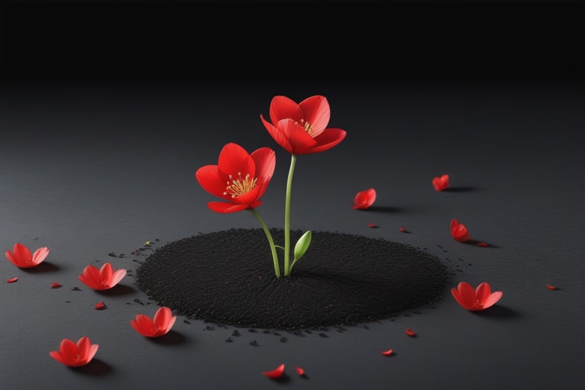 blank pure lightblack backround with one sprouting seed on the ground at the bottom of the picture,  2 red blooming flower...