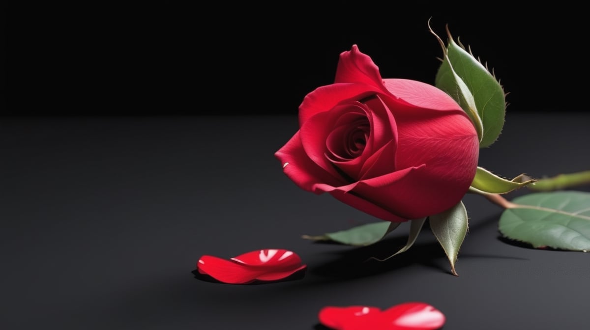 blank pure lightblack backround with one  red blooming rose,the petals are falling on the ground,with a thin root system,
photorealistic，

