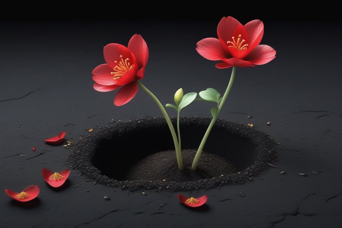 blank pure lightblack backround with one sprouting seed on the ground at the bottom of the picture,  2 red blooming flower...