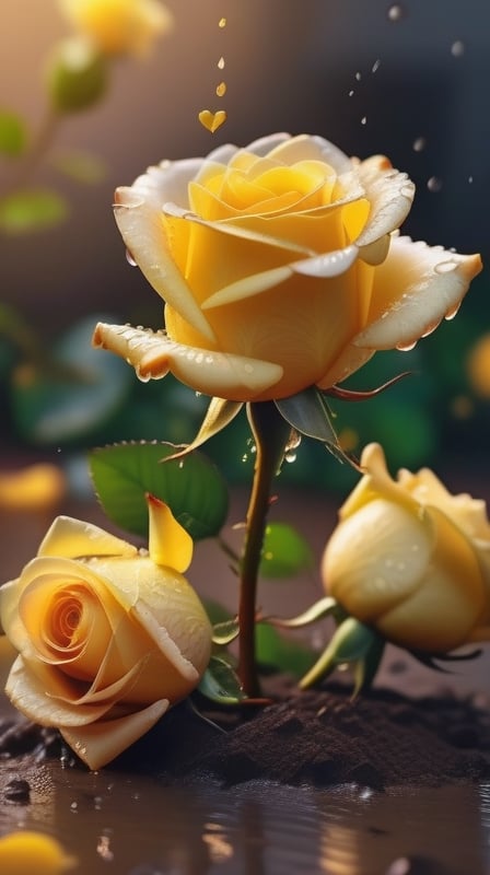 yellow blooming roses grows from the soil,vibrant and dripping with dew in brigh light,(falling petals),(blur background),and the petals formed a lovely heart on the ground,
photorealistic

