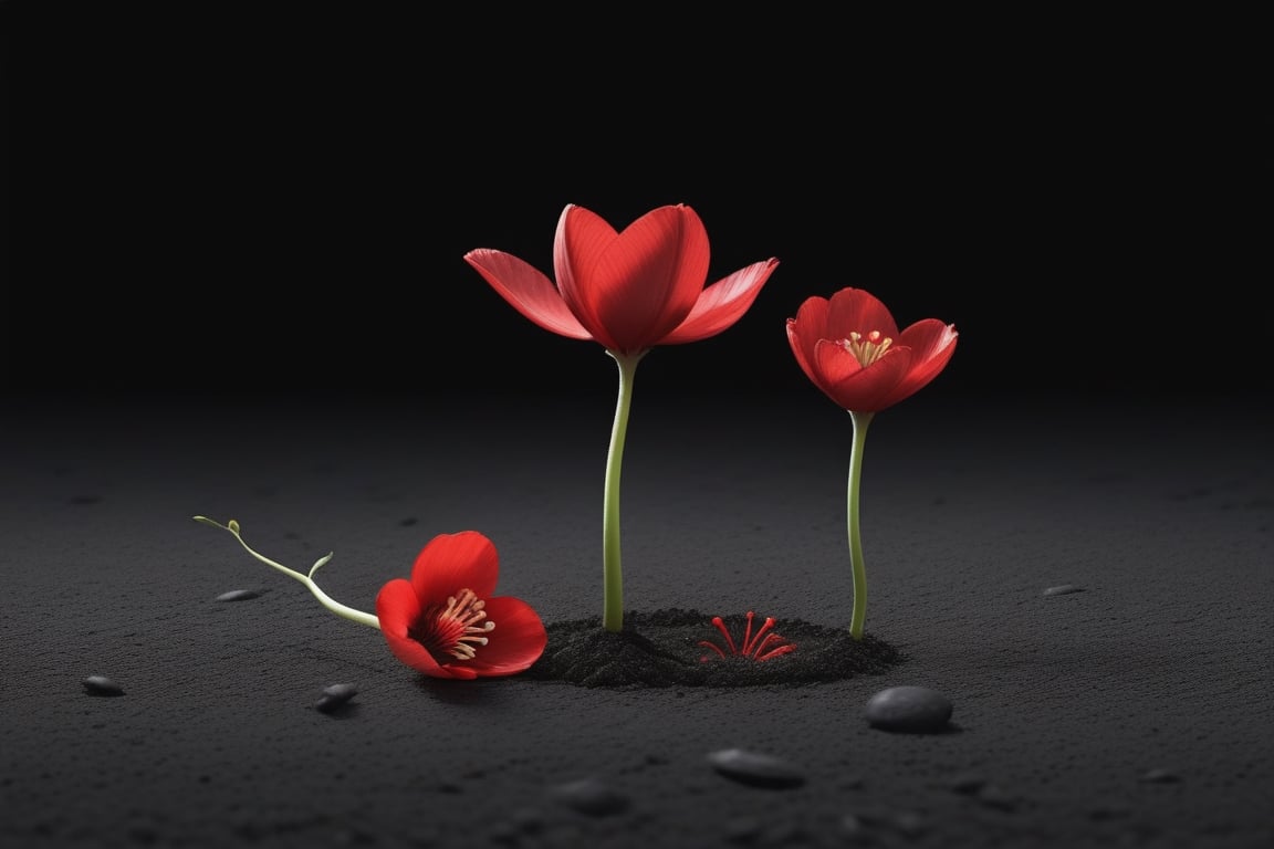 blank pure lightblack backround with one sprouting seed on the ground at the bottom of the picture,  2 red blooming flower...