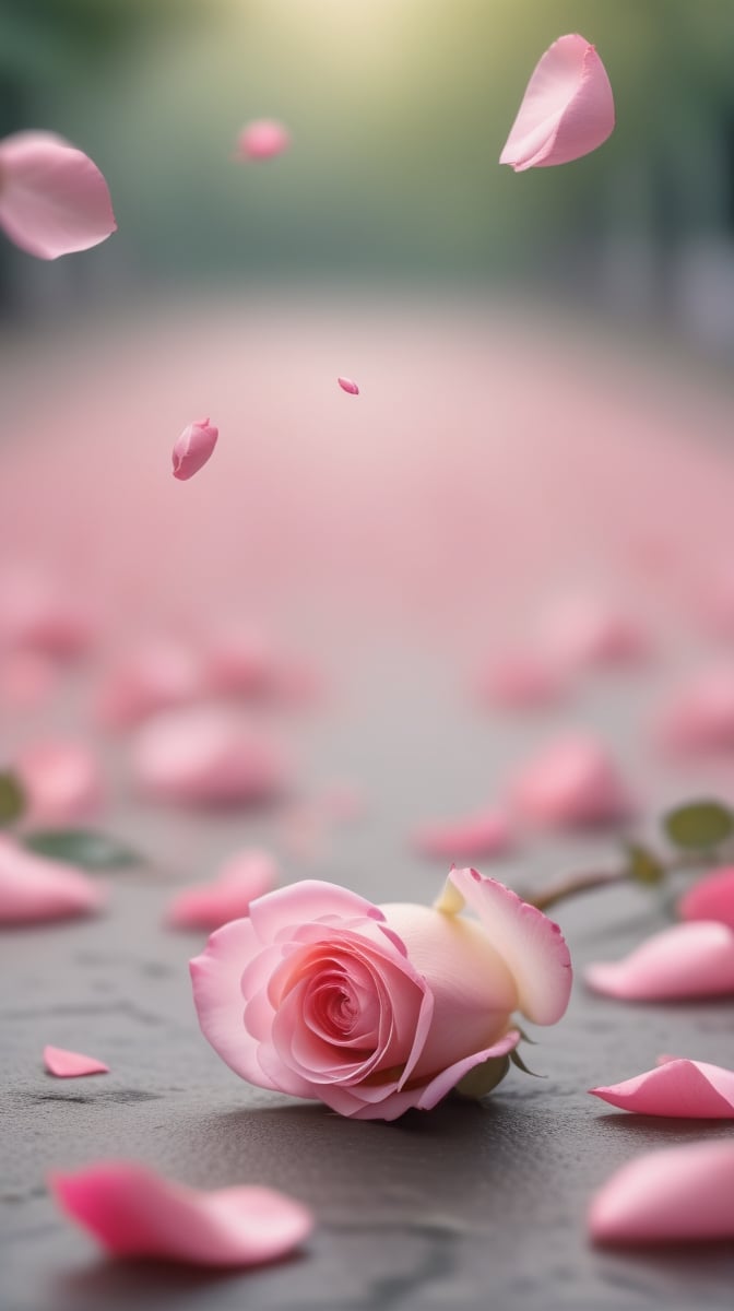 one pink blooming rose,(falling petals),blur background, and the petals formed a heart shape on the ground,
photorealistic

