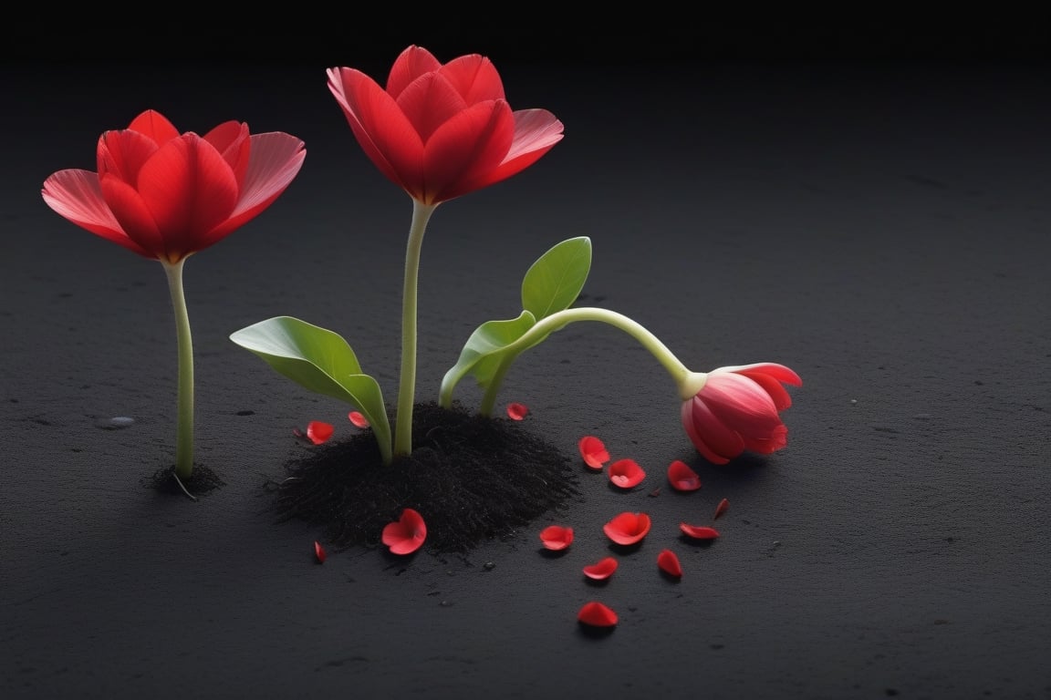blank pure lightblack backround with one sprouting seed on the ground at the bottom of the picture,  2 red blooming flower...