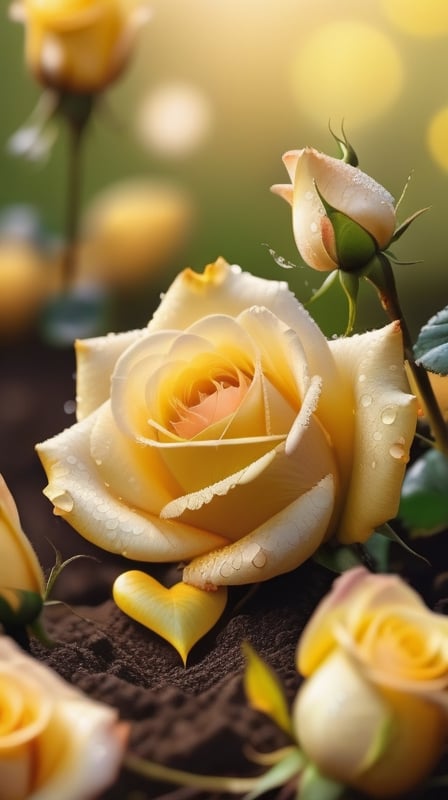 yellow blooming roses growing from the soil,delicate and voluptuous covered by dew in soft brigh light,(falling petals),(blur background),and the petals formed a lovely heart on the ground,
photorealistic

