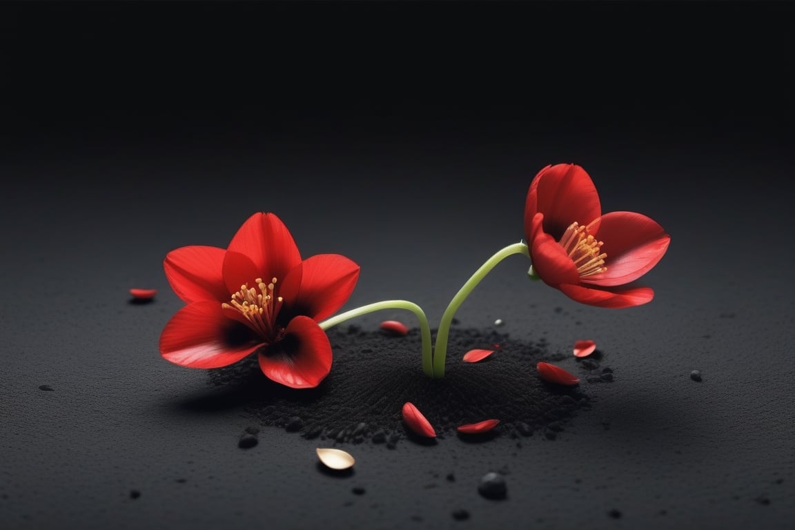 blank pure lightblack backround with one sprouting seed on the ground at the bottom of the picture,  2 red blooming flower...