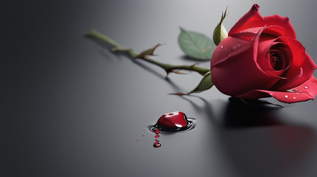 blank pure lightblack backround with one  red blooming rose,beautiful and lustful,the petals are falling on the ground,with a thin root system,
photorealistic，

