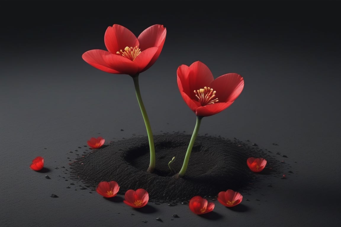 blank pure lightblack backround with one sprouting seed on the ground at the bottom of the picture,  2 red blooming flower...