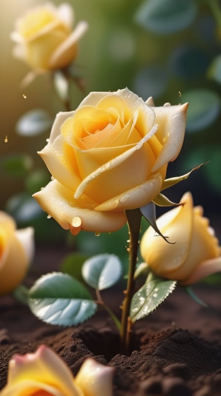 yellow blooming roses grows from the soil,delicate and voluptuous covered by dew in brigh light,(falling petals),(blur background),and the petals formed a lovely heart on the ground,
photorealistic

