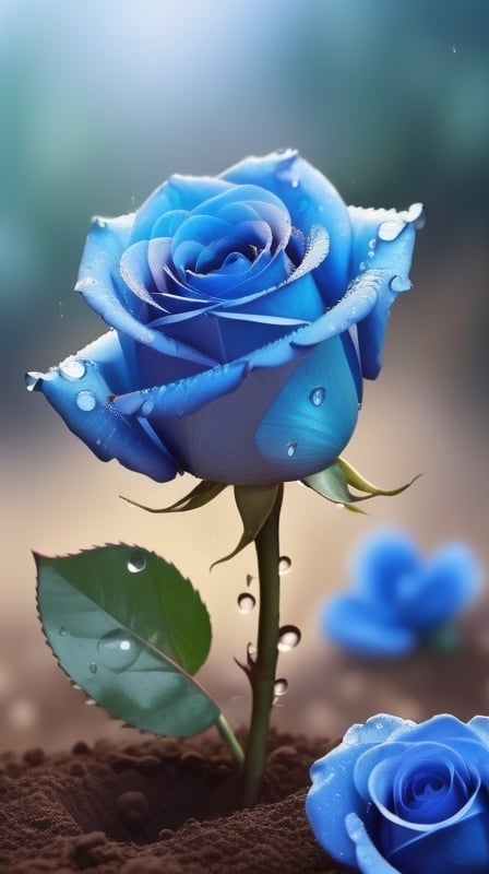 blue blooming roses growing from the soil,delicate and voluptuous covered by dew in soft brigh light,(falling petals),(blur background),and the petals formed a lovely heart on the ground,
photorealistic

