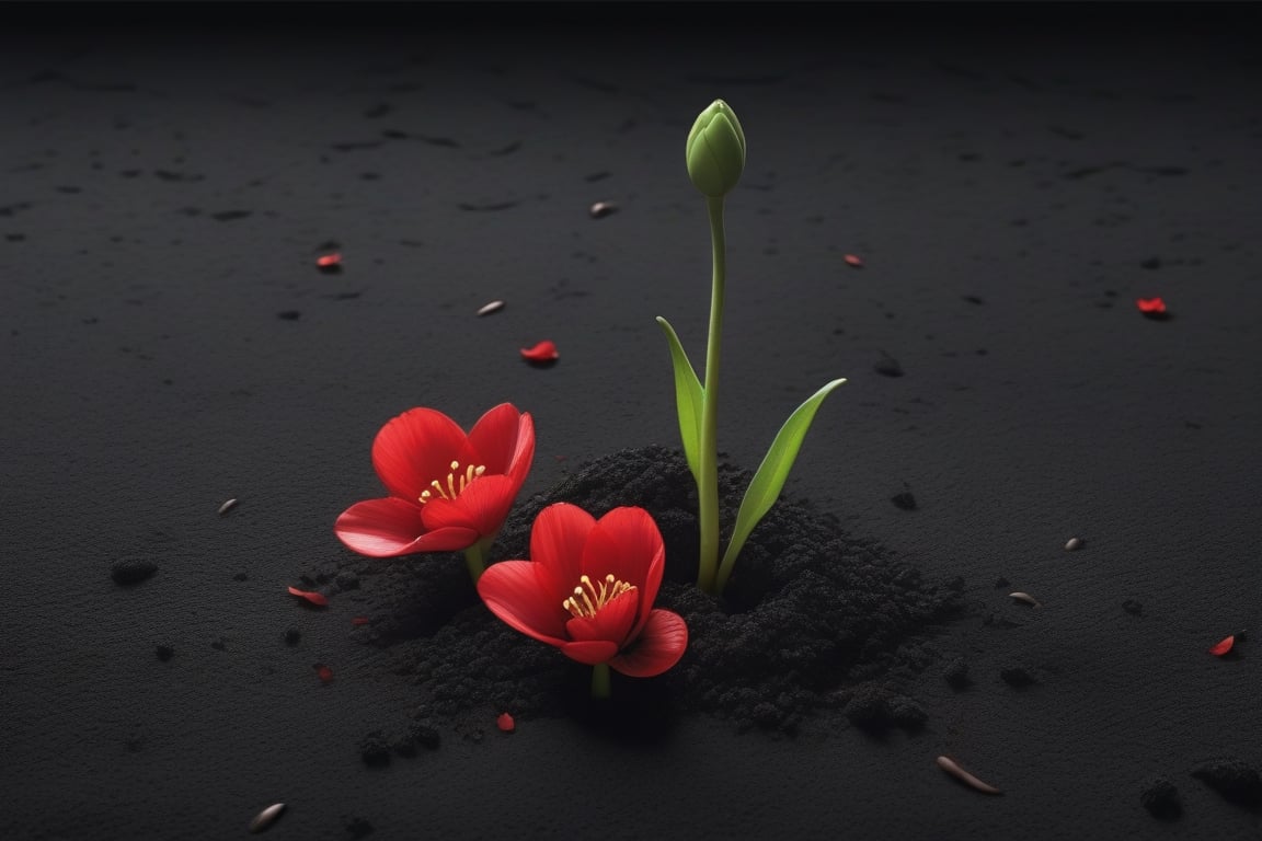 blank pure lightblack backround with one sprouting seed on the ground at the bottom of the picture,  2 red blooming flower...