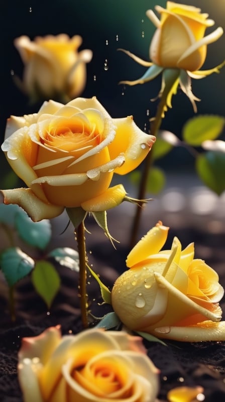 yellow blooming roses grows from the soil,vibrant and dripping with dew in brigh light,(falling petals),(blur background),and the petals formed a lovely heart on the ground,
photorealistic

