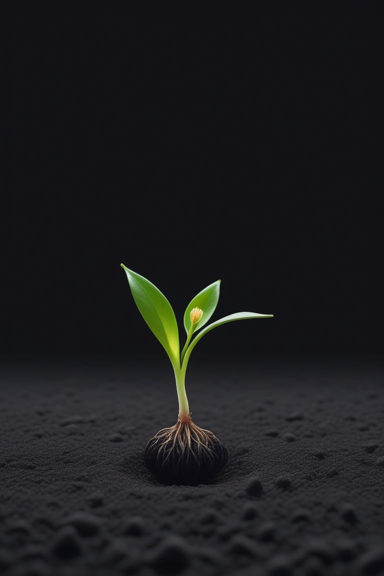 blank pure lightblack backround with one  sprouting seed on the ground at the bottom of the picture, blooming flower，with a thin root system,photorealistic，

minimalist hologram