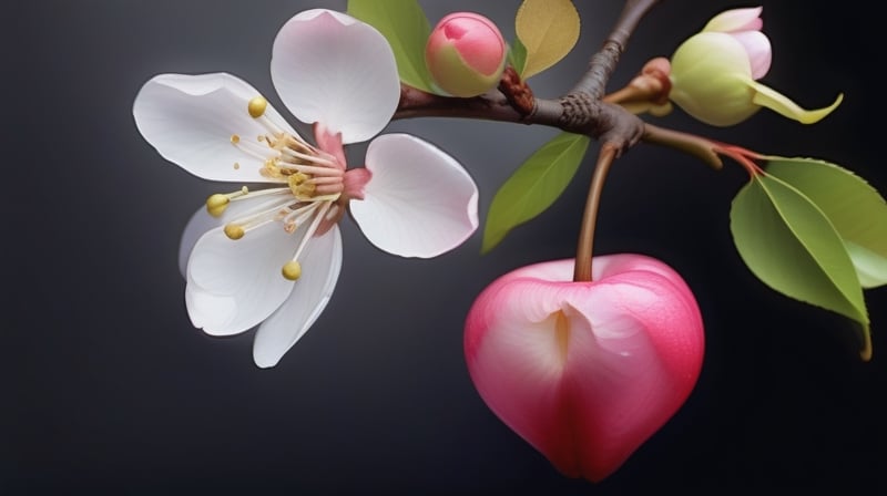 tender crabapple flower and buds,
,delicate and voluptuous covered by drew in morning  soft brigh light,(falling petals),(blur pure simple lightblack background), a lovely heart made by petals on the ground,

realistic,photo_(medium),photorealistic

